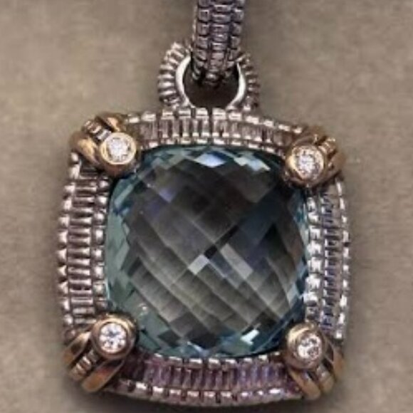 Judith Ripka Jewelry - 18K & Sterling Silver Cushion Cut Blue Topaz & Diamond Pendant